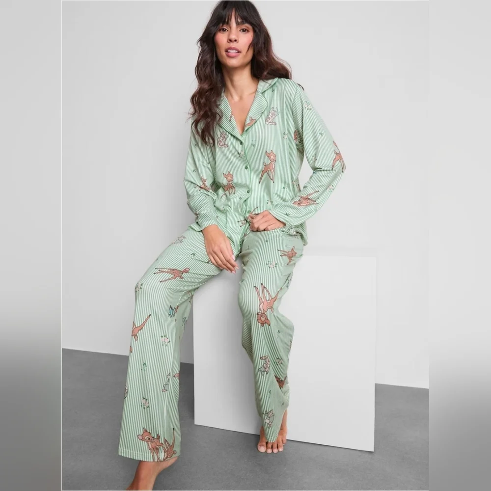 Disney’s Bambi Striped Boyfriend Pajamas button-up Set, Green. Primark - Picture 2 of 10